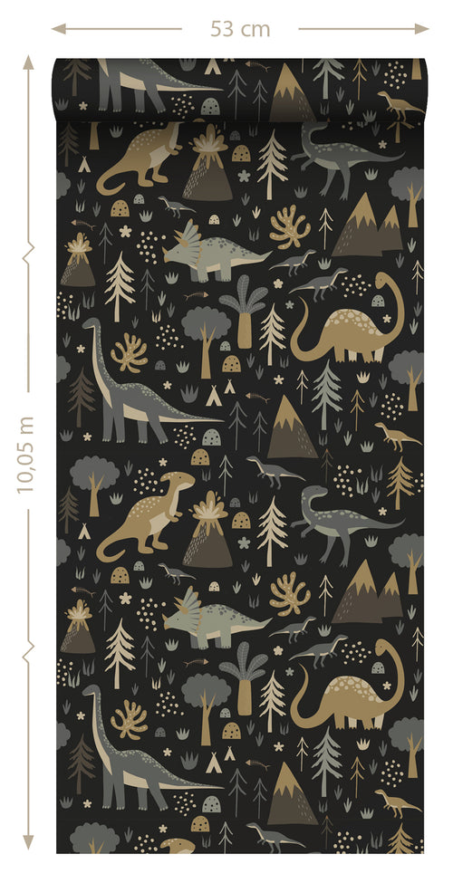 ESTAhome behang dinosaurussen vergrijsd blauw, bruin en zwart - 50 x 900 cm - 139803