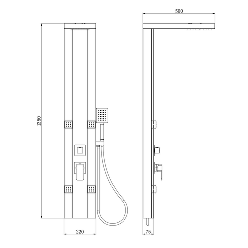 Badplaats Douchepaneel Arden 135 x 22 cm - Zwart - Aluminium Doucheset met Mengkraan en Douchekop