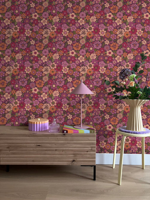 ESTAhome behang retro bloemen aubergine paars - 50 x 900 cm - 131810