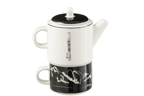 J-Line theepot + tas  - keramiek - zwart/wit - giftbox
