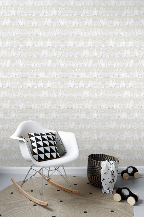 ESTAhome behang getekende Amsterdamse grachtenhuisjes lichtgrijs - 53 cm x 10.05 m - 138909