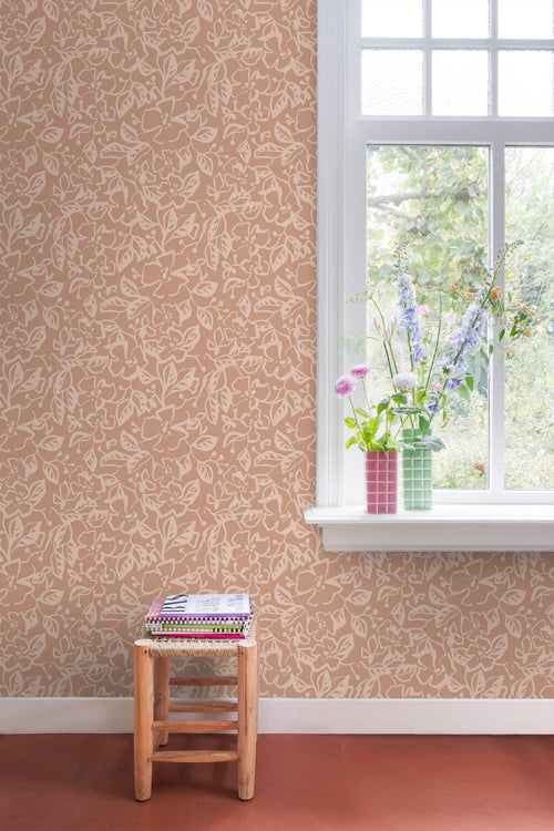 ESTAhome behang bladeren en bloemen terracotta roze - 50 x 900 cm - 131375 - vtwonen shop