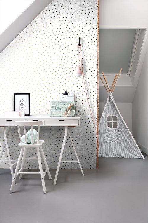 ESTAhome behang stippen glanzend goud en wit - 53 cm x 10.05 m - 138937