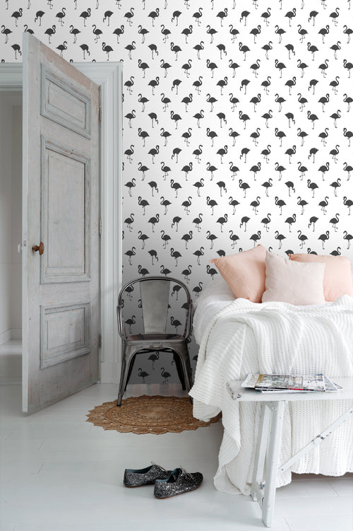 ESTAhome behang flamingo's zwart en wit - 53 cm x 10.05 m - 138993