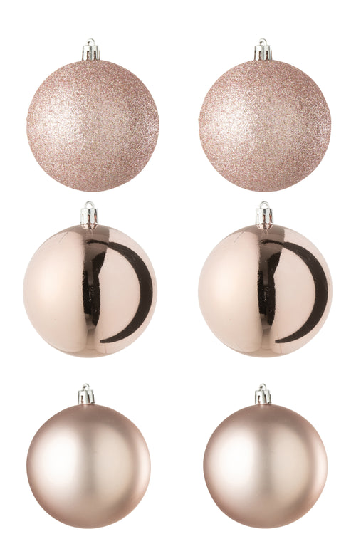 J-Line kerstbal - kunststof - lichtroze - doos van 6