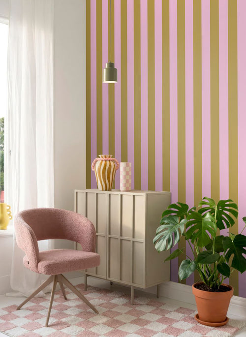 ESTAhome behang strepen lila roze en mosterdgeel - 50 x 900 cm - 131975