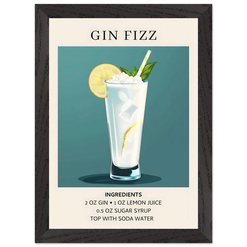 Artfulprints Poster met Lijst Gin Fizz cocktail - Ingrediënten   - A4 21x29.7 cm - Blauw