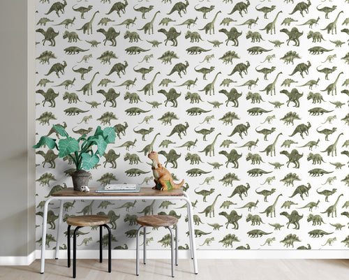 ESTAhome behang dinosaurussen donkergroen - 50 x 900 cm - 131200