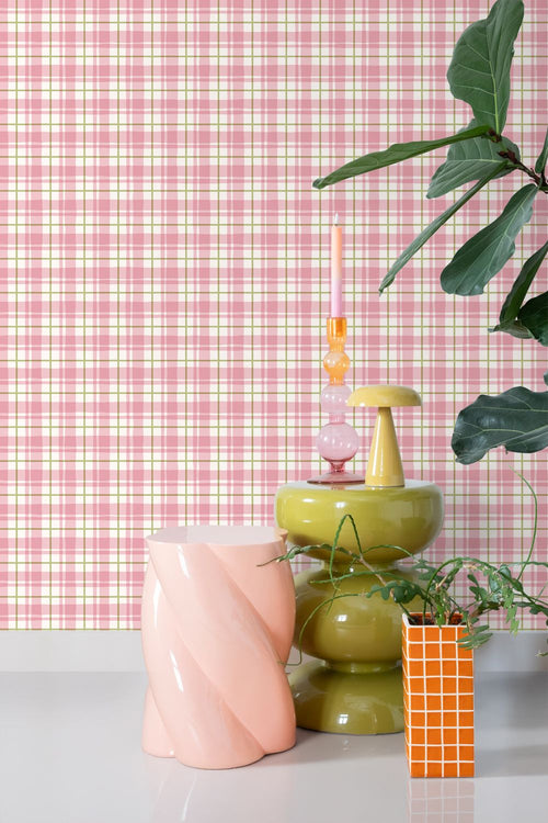 ESTAhome behang ruitjes roze en groen - 50 x 900 cm - 131953