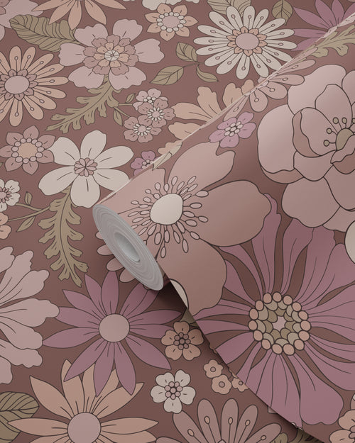 ESTAhome behang retro bloemen oudroze en aubergine paars - 53 cm x 10.05 m - 131135 - vtwonen shop