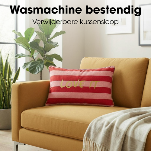 Mica Decorations Love It Sierkussen - Kussen met Kussenhoes - Woondecoratie Woonkamer - 55 x 35 x 10 cm - Katoen, Linnen, Polyester - Rood, Roze, Geel