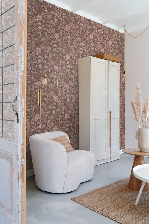 ESTAhome behang vintage bloemen mauve paars en vergrijsd groen - 50 x 900 cm - 131337 - vtwonen shop