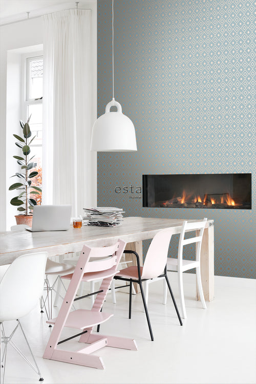 ESTAhome behang ruiten vintage blauw en glanzend koper bruin - 53 cm x 10.05 m - 128830