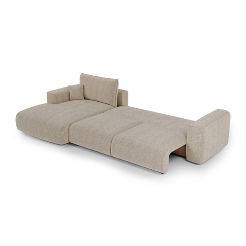 Premium Interiors - Linkshoekbank met slaapfunctie en opbergruimte COMO - zacht aanvoelende geweven stof beige 297cm