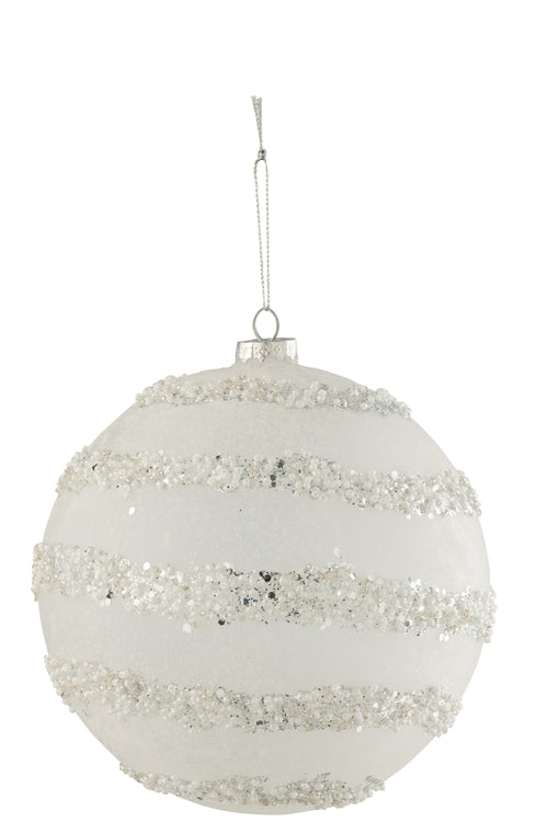 J-Line kerstbal Lijnen Glitter + Parels - glas - wit/zilver - extra large - 6 stuks