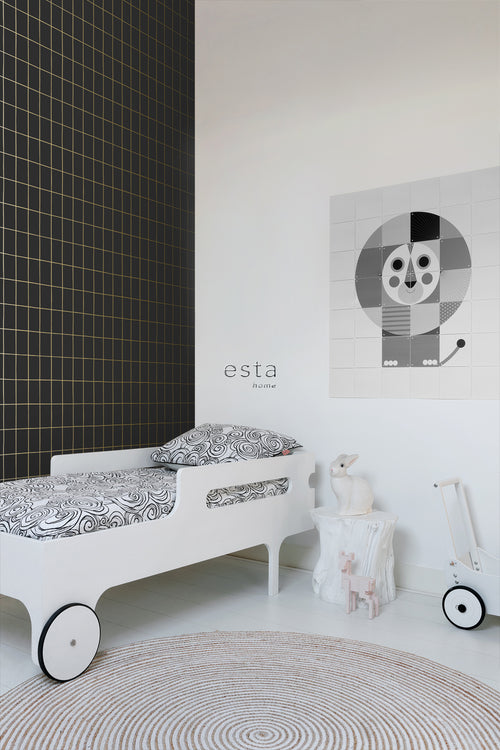 ESTAhome behang kleine tegeltjes zwart en goud - 53 cm x 10.05 m - 139132
