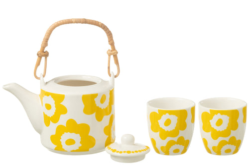 J-Line theepot Bloemen - keramiek - geel - doos van 3 stuks