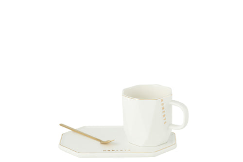 J-Line kop + schoteltje + lepeltje Moments - keramiek - wit - vtwonen shop