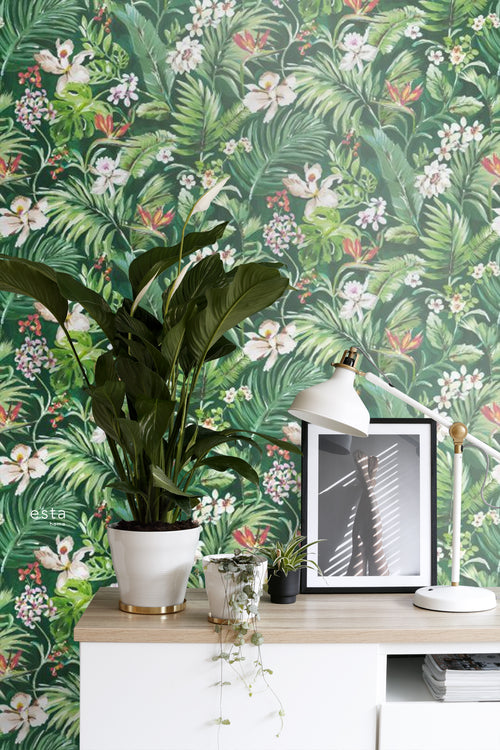 ESTAhome XXL behang tropische bladeren en bloemen emerald groen - 50 x 900 cm - 158893