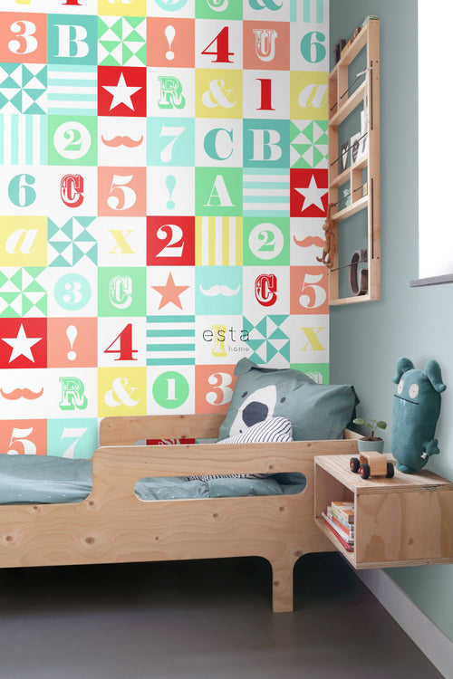 ESTAhome XXL behang blokken groen, blauw, geel, rood en roze - 50 x 900 cm - 158702 - vtwonen shop