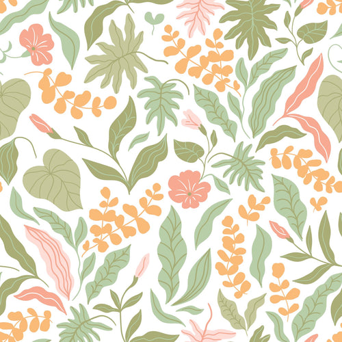 ESTAhome behang bladeren en bloemen groen, roze en oranje - 50 x 900 cm - 131048 - vtwonen shop