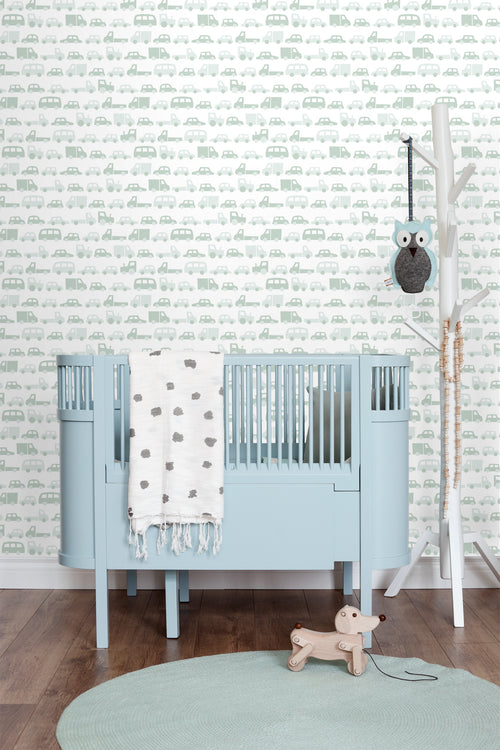 ESTAhome behang auto's vergrijsd mintgroen - 53 cm x 10.05 m - 139043