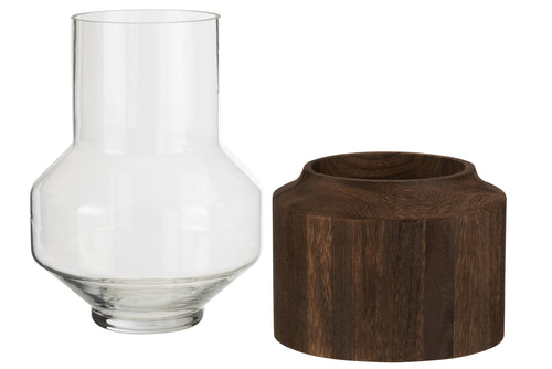 J-Line vaas Rond Hoog - hout/glas - donkerbruin - large - 31 cm hoog