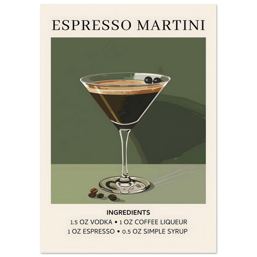 Artfulprints Poster Espresso Martini cocktail - Ingrediënten   - A4 21x29.7 cm - Donkergroen
