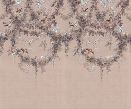 Komar fotobehang bloemen en vogels grijs roze - 300 x 250 cm - 612795