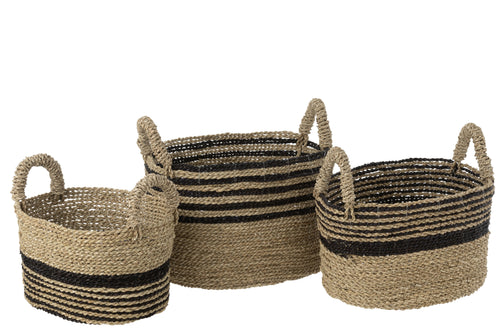 J-Line mand Laura Raffia - jute - zwart/naturel - 3 stuks