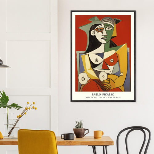 Artfulprints Poster met Lijst Pablo Picasso - Woman sitting in an armchair   - 70x100 cm - Rood