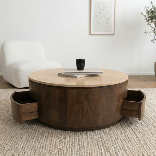 Giga Meubel Salontafel Elan Rond - Travertin - Walnoot - 90x90x35cm - Incl. Lades