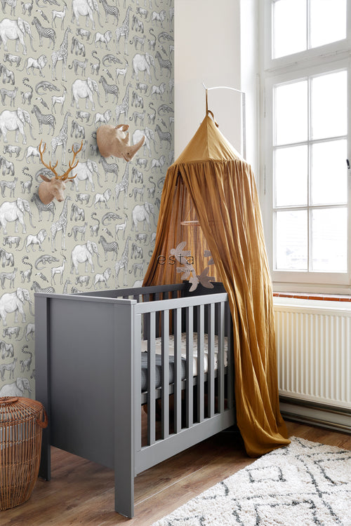 ESTAhome behang jungle dieren groen grijs - 53 cm x 10.05 m - 139270