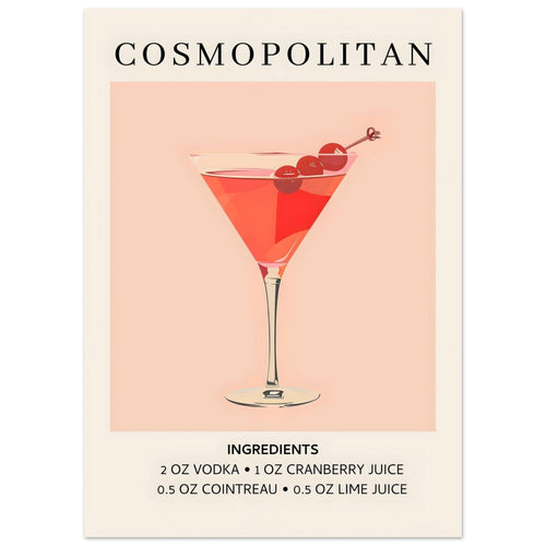 Artfulprints Poster Cosmopolitan cocktail - Ingrediënten   - 50x70 cm - Roze