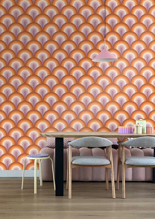 ESTAhome behang art deco bogen oranje en paars - 50 x 900 cm - 131772