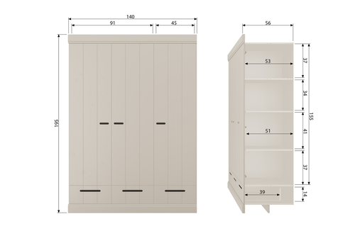 WOOOD kledingkast 3-deurs Connect - Grenen - Dust - 195x140x53 - vtwonen shop