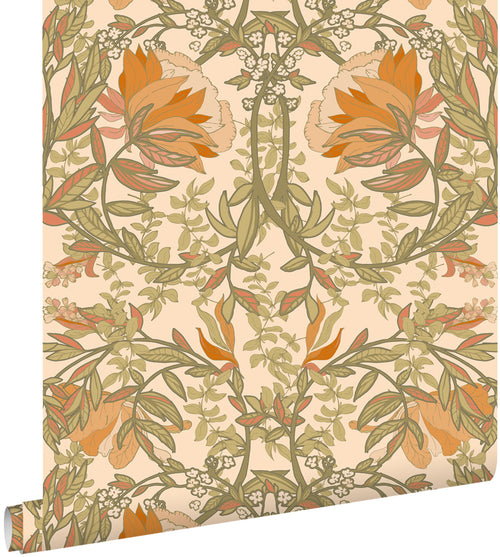 ESTAhome behang vintage bloemen in art nouveau stijl groen, oranje en beige - 50 x 900 cm - 131697