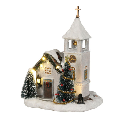 Luville Kerstdorp Miniatuur Kyrka Zweedse Kerk - Kerstversiering met Warm Witte Verlichting en Geluidseffect - Kerst Decoratie voor Binnen met