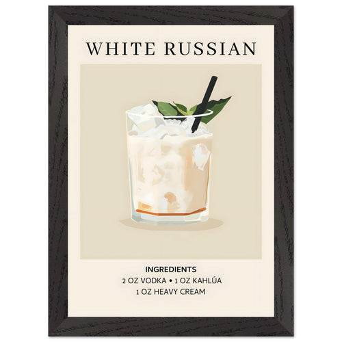 Artfulprints Poster met Lijst White Russian cocktail - Ingrediënten   - A4 21x29.7 cm - Wit