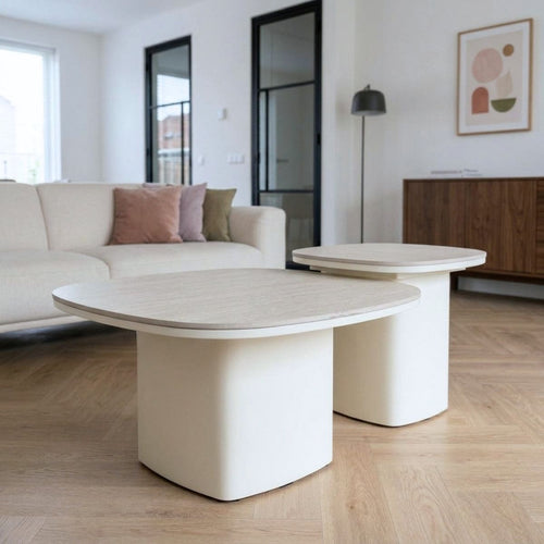 Giga Meubel Salontafel Miles - Organisch Beige Travertinlook Hout - Set Van 2