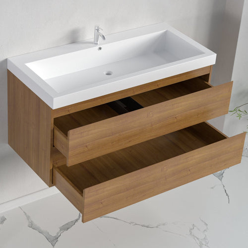 LOMAZOO badmeubelset Avalon - met hoge kast & witte wastafel - warm eiken - 100 cm
