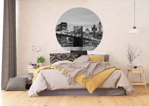 Sanders & Sanders zelfklevende behangcirkel Brooklyn Bridge New York zwart wit - Ø 140 cm - 601132