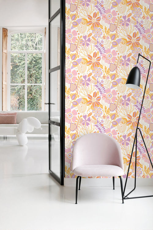 ESTAhome behang bloemmotief paars en oranje - 50 x 900 cm - 131994