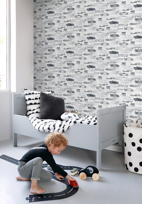 Sanders & Sanders behang race auto's zwart wit - 50 x 900 cm - 935360