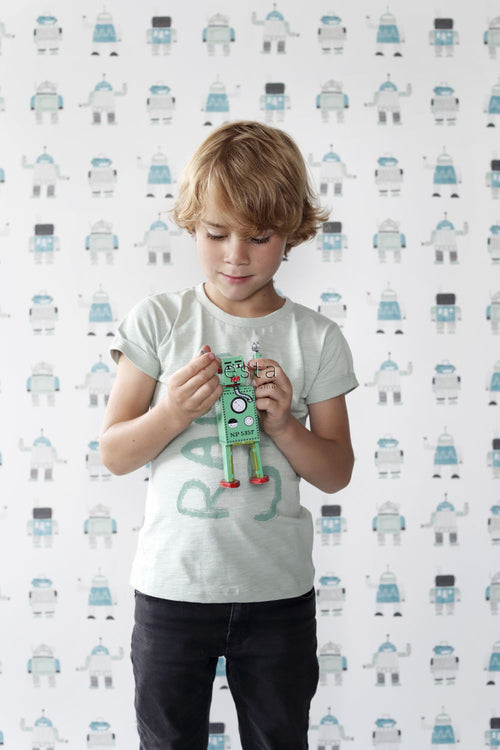 ESTAhome behang getekende vintage speelgoed robots mintgroen en blauw - 53 cm x 10.05 m - 138938