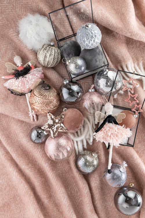 J-Line kerstbal - fluweel/glas - grijs - small - doos van 6 - vtwonen shop