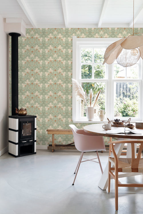 ESTAhome behang vintage bloemen in art nouveau stijl vergrijsd groen en terracotta - 53 cm x 10.05 m - 139667 - vtwonen shop