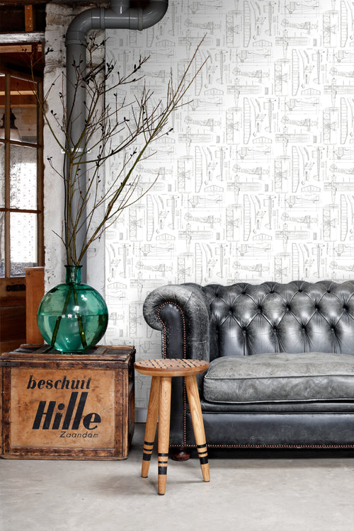ESTAhome behang constructietekeningen van vliegtuigen wit - 53 cm x 10.05 m - 128812