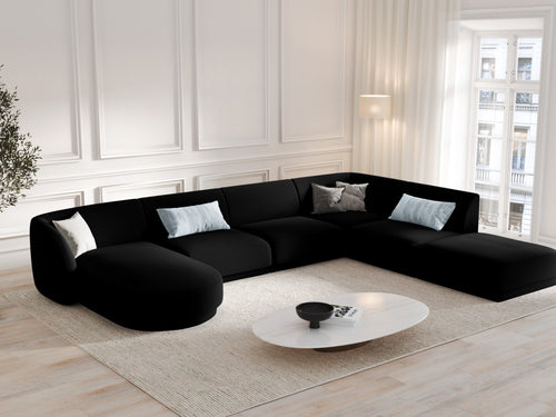 Micadoni Panoramische hoekbank rechts Miley 6-zits, flueel, zwart - 255x330x70cm