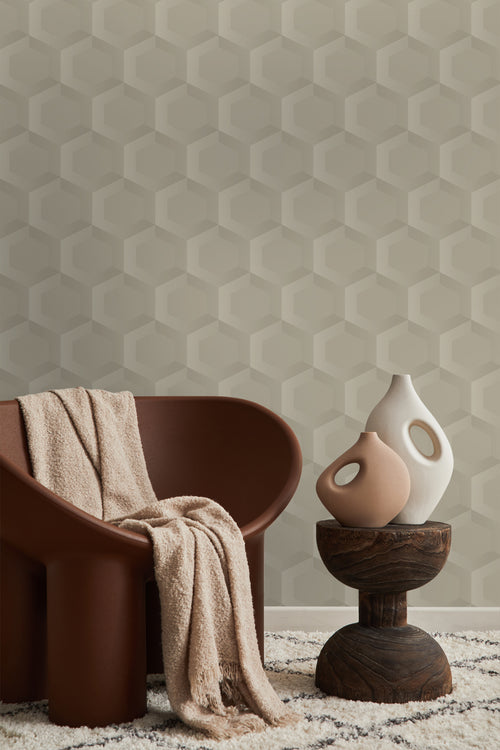 Origin Wallcoverings eco-texture vliesbehang 3d hexagon motief zand beige - 0.53 x 10.05 m - 348019 - vtwonen shop